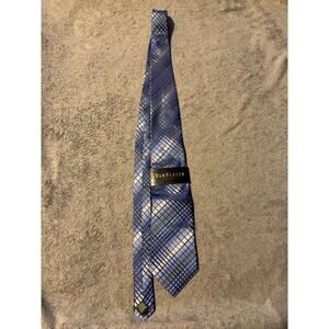 VanHeusen Tie Mens Blue Geometric Grid Silk Necktie Classic Formal Pattern